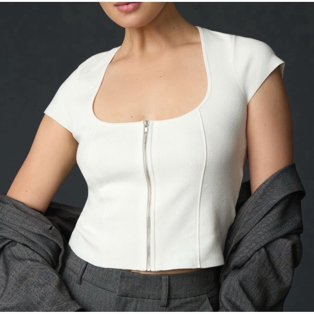 Maeve Anthropologie New Fitted Zip-Front Sweater Top Ivory Size Large Coquette